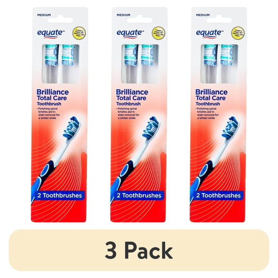 (3 pack) Equate Brilliance Total Care Manual Toothbrushes with Tongue and Cheek Cleaner, Medium, 2 Count