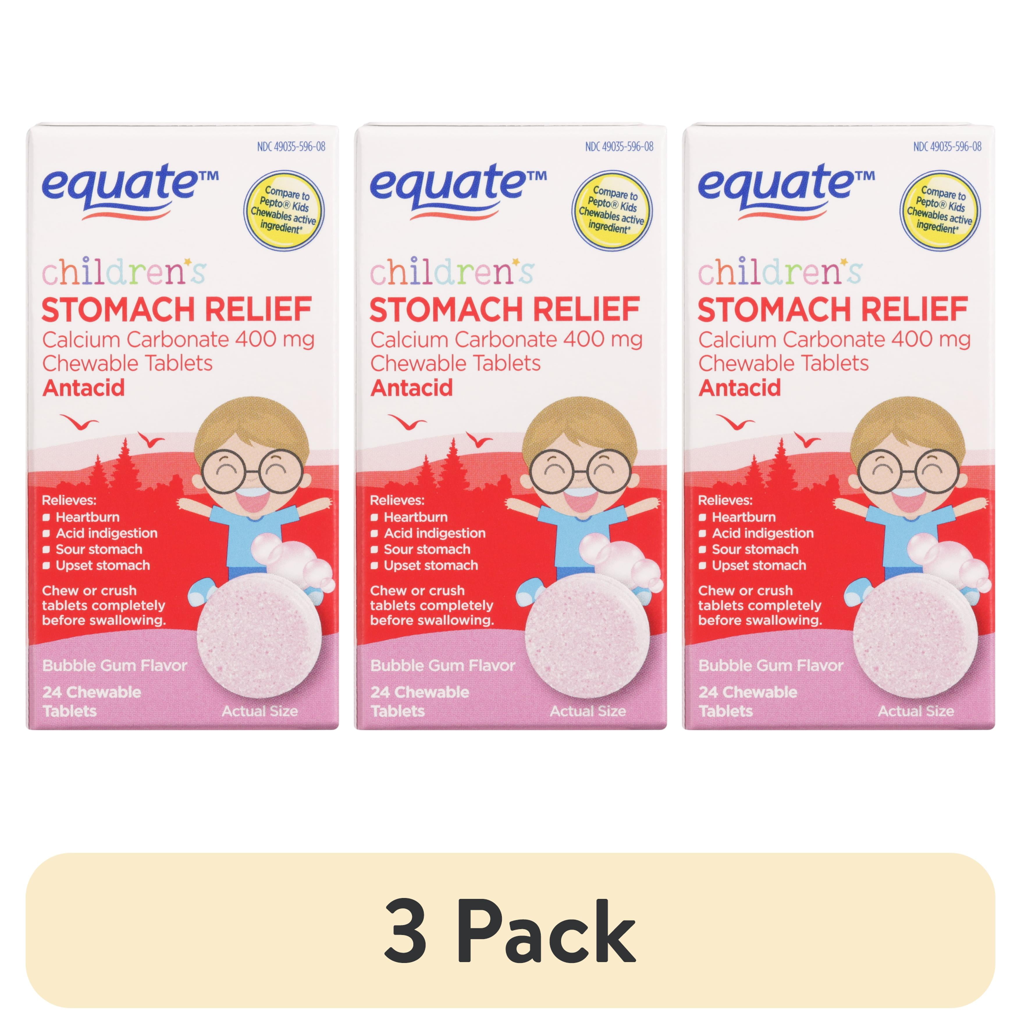 (3 pack) Equate Children's Calcium Carbonate Chewable Tablets for Upset Stomach Relief, 400 mg, Bubblegum Flavor, 24 Count, Compare to Pepto Kids Chewables Active Ingredient
