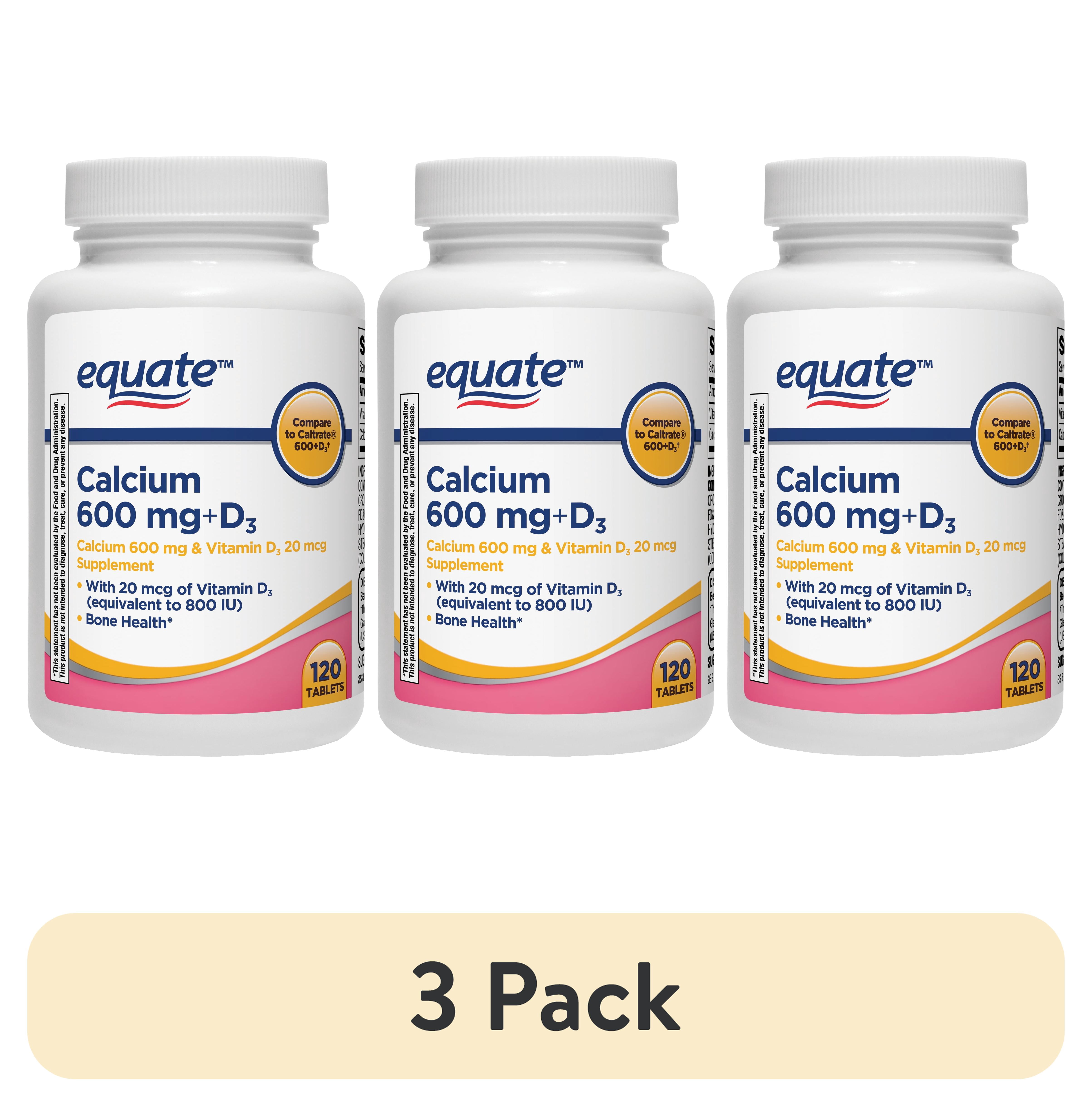 (3 pack) Equate Calcium + D3 Tablets Dietary Supplement, 600 mg, 120 Count, Compare to Caltrate® 600+D3