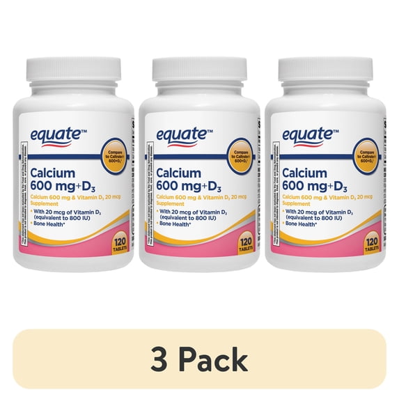 (3 pack) Equate Calcium + D3 Tablets Dietary Supplement, 600 mg, 120 Count, Compare to Caltrate® 600+D3