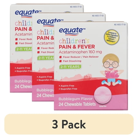 (3 pack) Equate Children's Acetaminophen Pain & Fever Relief Chewable Tablets, Bubblegum, 160 mg, 24 Count