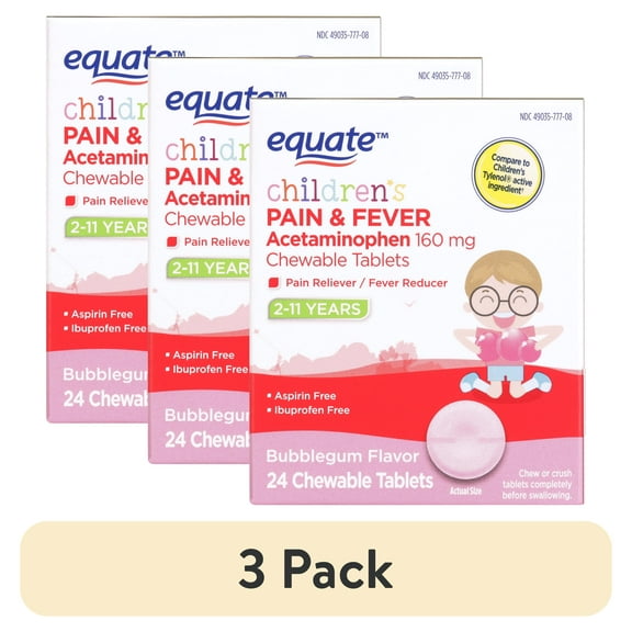 (3 pack) Equate Children's Acetaminophen Pain & Fever Relief Chewable Tablets, Bubblegum, 160 mg, 24 Count