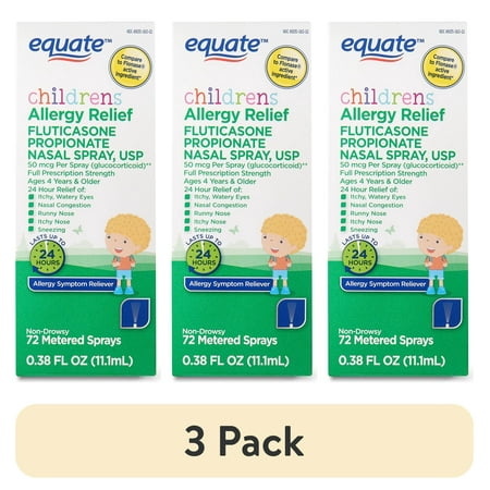 (3 pack) Equate Children's 24-Hour Fluticasone Propionate Allergy Relief Nasal Spray, USP, 50 mcg, 72 Sprays, Compare to Flonase Active Ingredient