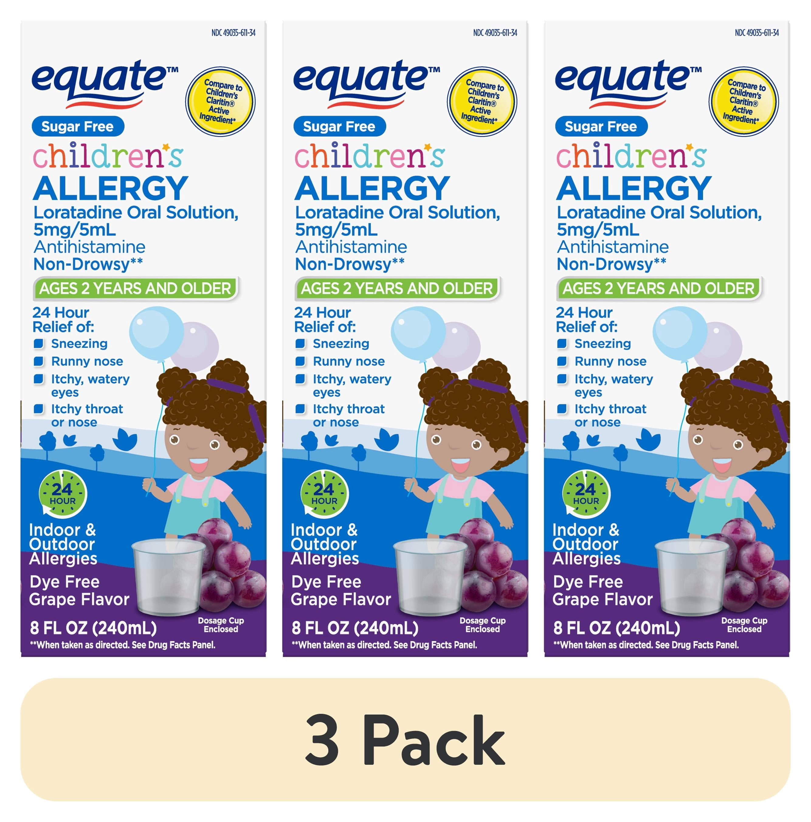 (3 pack) Equate Children's Allergy Non-Drowsy Loratadine Antihistamine Oral Solution, Grape Flavor, 5 mg, 8 fl oz