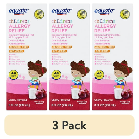 (3 pack) Equate Children's Diphenhydramine Allergy Relief Oral Solution, 12.5 mg, Cherry Flavor, Ages 6 to 11 Years, 8 fl oz, Compare to Children's Benadryl Allergy Active Ingredient