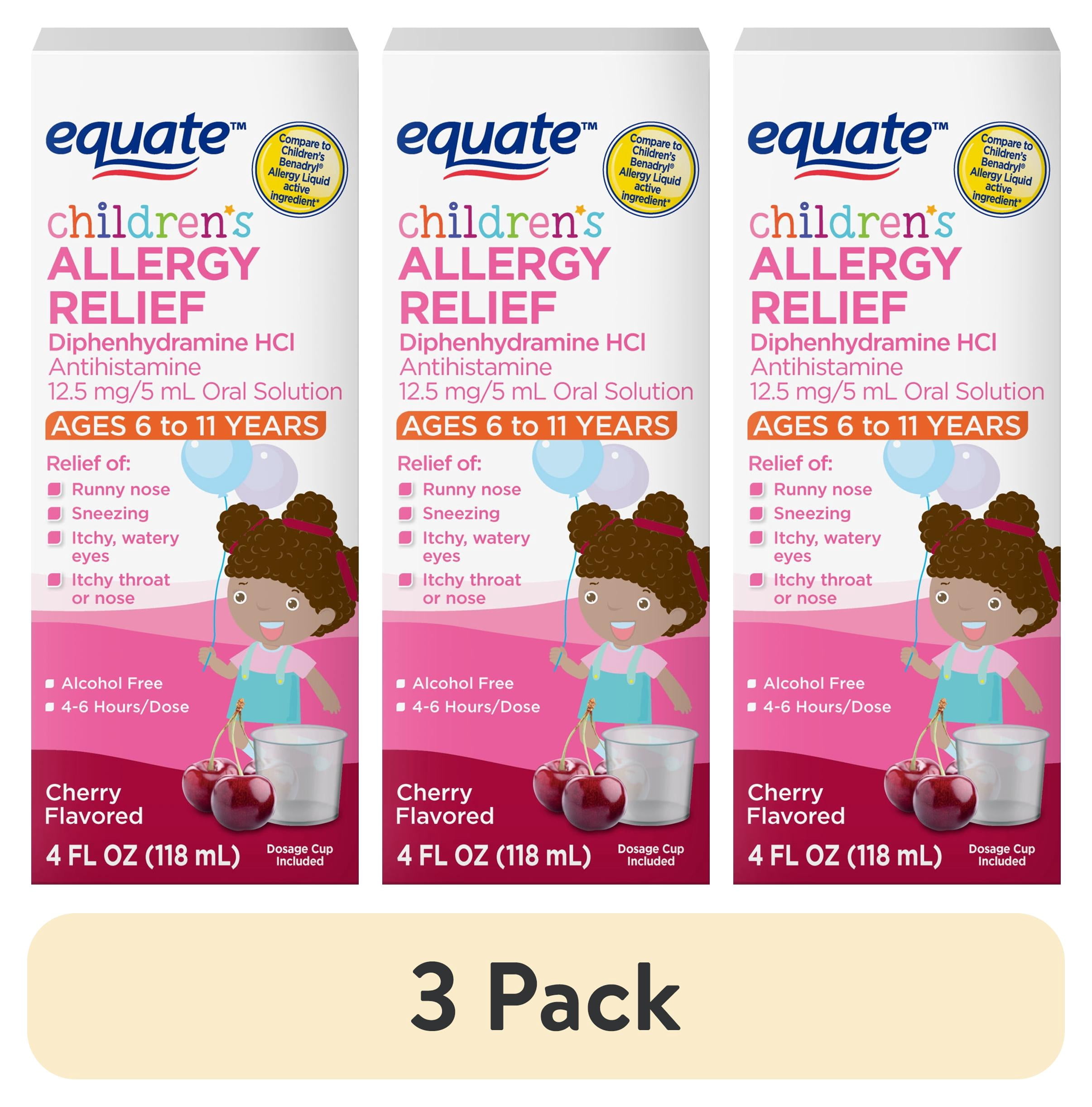 (3 pack) Equate Children's Allergy Relief Diphenhydramine HCl Antihistamine Oral Solution, Cherry Flavor, 12.5 mg, 4 fl oz