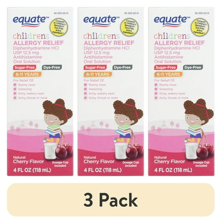 (3 pack) Equate Children's Dye-Free Allergy Relief Oral Solution, Cherry Flavor, 12.5 mg, Ages 6 to 11, 4 fl oz