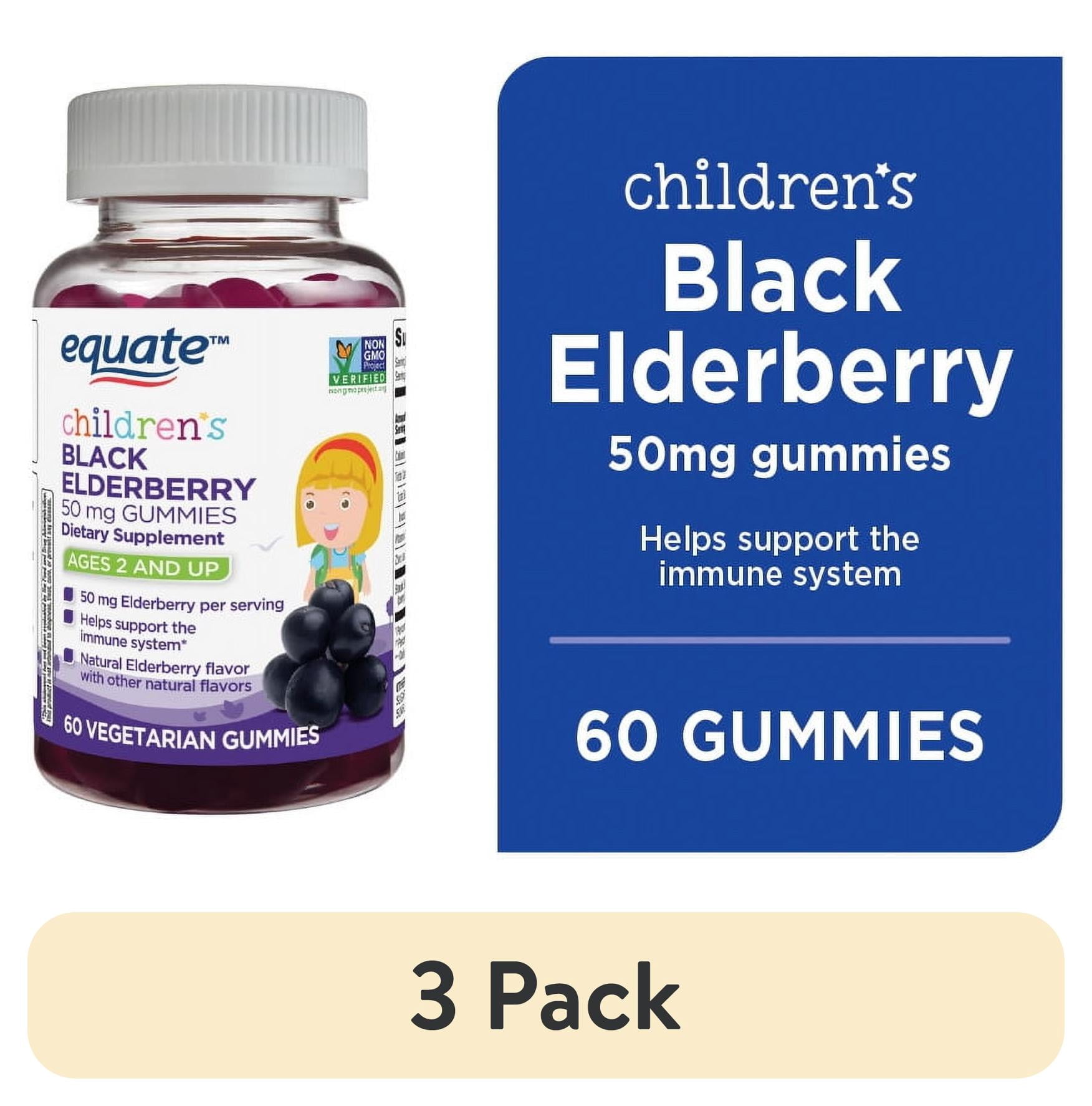 (3 pack) Equate Children's Black Elderberry Dietary Supplement Gummies for Immune Support, 50 mg, Natural Elderberry Flavor, 60 Count