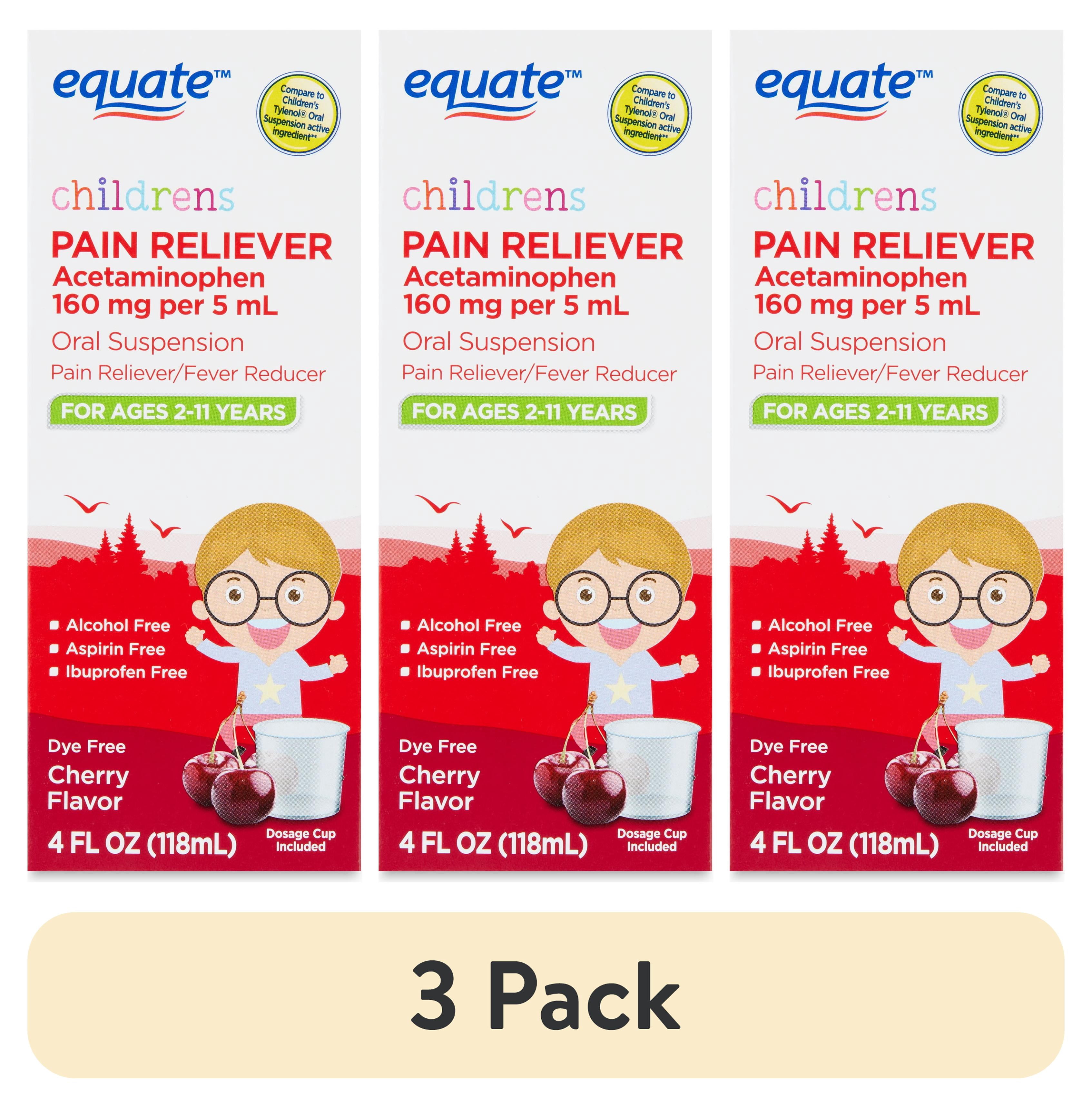 (3 pack) Equate Children's Dye-Free Pain & Fever Relief Acetaminophen Oral Suspension, 160 mg, Cherry Flavor, Ages 2 to 11 Years, 4 fl oz, Compare to Children's TylenolÂ® Oral Suspension Active Ingredient