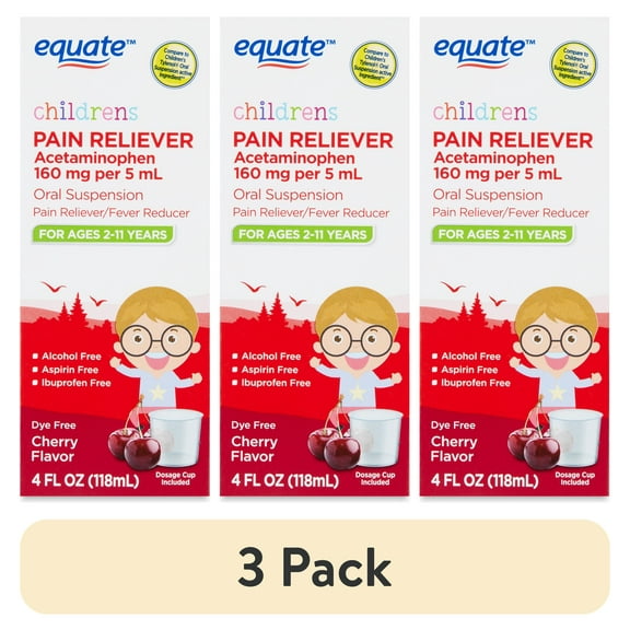 (3 pack) Equate Children's Dye-Free Pain & Fever Relief Acetaminophen Oral Suspension, 160 mg, Cherry Flavor, Ages 2 to 11 Years, 4 fl oz, Compare to Children's Tylenol Oral Suspension Active Ingredient