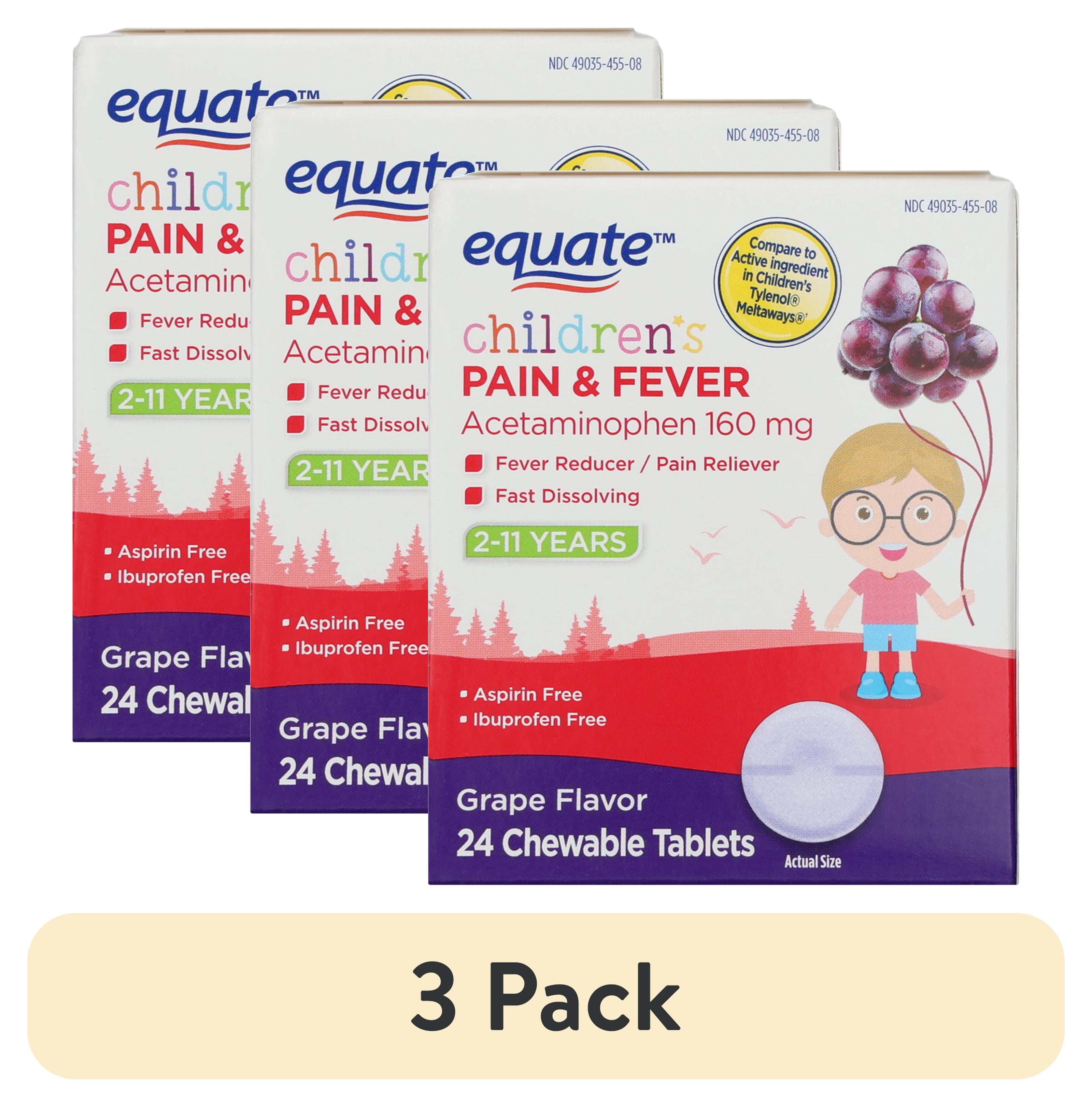 (3 pack) Equate Children's Pain & Fever Relief Acetaminophen Chewable Tablets, 160 mg, Grape Flavor, Ages 2 to 11 Years, 24 Count, Compare to Children's TylenolÂ® Active Ingredient