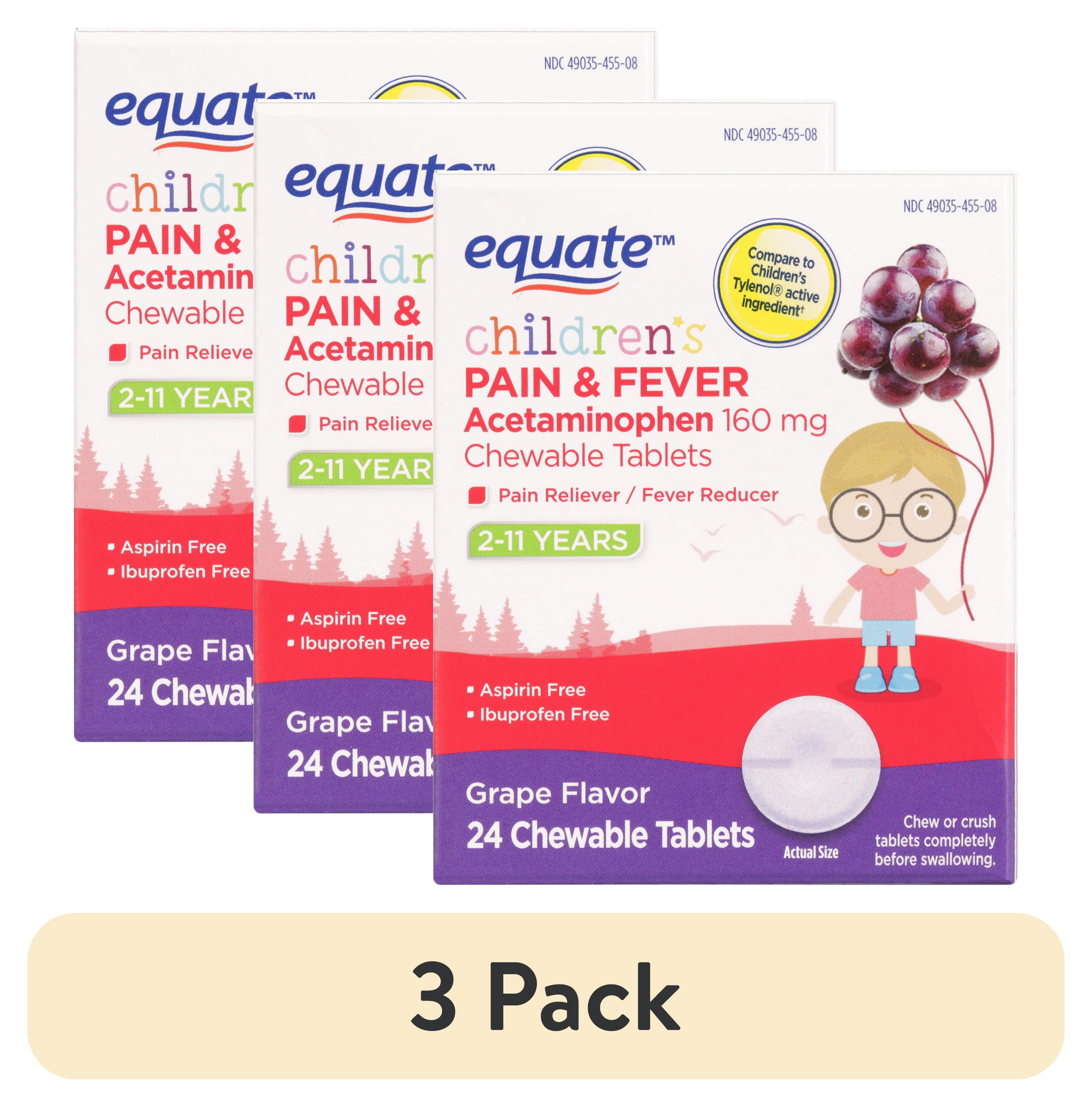 (3 pack) Equate Children's Pain & Fever Relief Acetaminophen Chewable Tablets, 160 mg, Grape Flavor, Ages 2 to 11 Years, 24 Count, Compare to Children's Tylenol Active Ingredient