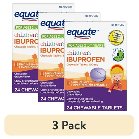(3 pack) Equate Children's Pain Reliever/Fever Reducer Ibuprofen Chewable Tablets, Grape Flavor, 100 mg, 24 Count