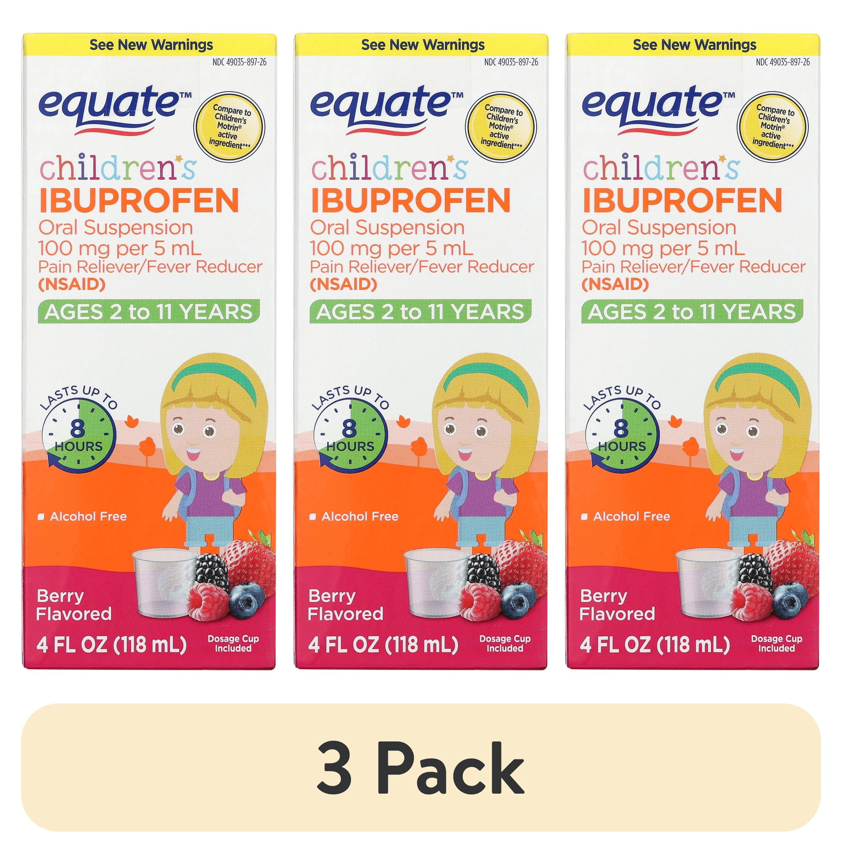 (3 pack) Equate Children's Pain Reliever/Fever Reducer Ibuprofen Oral Suspension, Berry Flavor, 100 mg, 4 fl oz