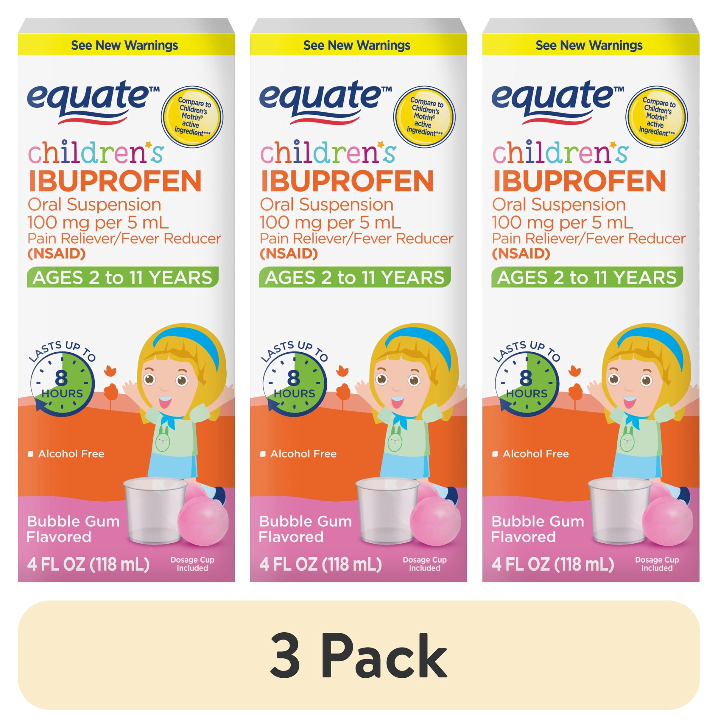 (3 pack) Equate Children's Pain Reliever/Fever Reducer Ibuprofen Oral Suspension, Bubble Gum Flavor, 100 mg, 4 fl oz