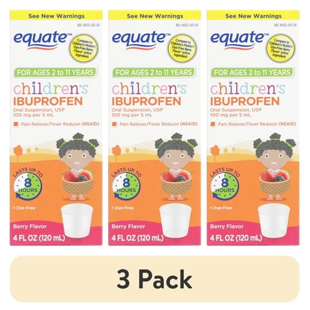 (3 pack) Equate Children's Dye-Free Ibuprofen Oral Suspension, 100 mg, Berry Flavor, Ages 2 to 11 Years, 4 fl oz, Compare to Children's MotrinÂ® Dye-Free Berry Flavor Active Ingredient