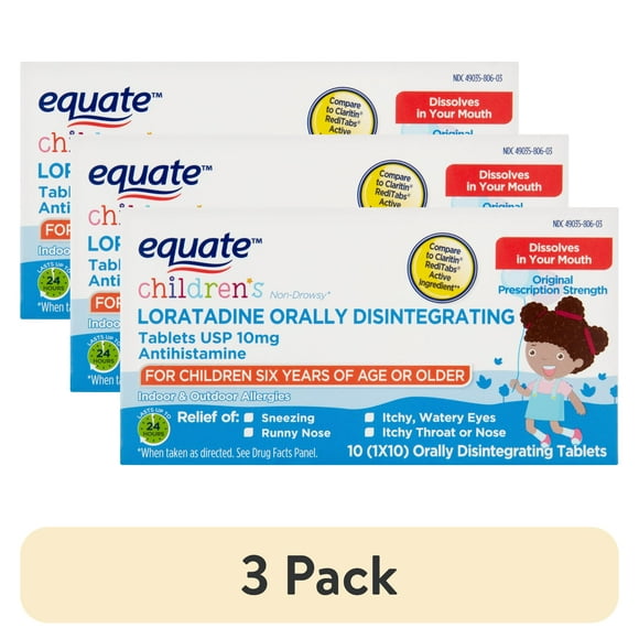 (3 pack) Equate Children's Loratadine Orally Dissolving Tablets, 10 mg, Ages 6 Years and Older, 10 Count, Compare to Claritin RediTabs Active Ingredient