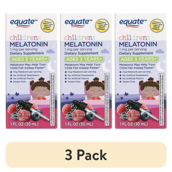 (3 pack) Equate Children’s Sleep Aid Melatonin Liquid Supplement, 1 mg, Mixed Berry Flavor, Ages 3 Years +, 1 fl oz, Compare to Zarbee's® Sleep Liquid with Melatonin Ingredients