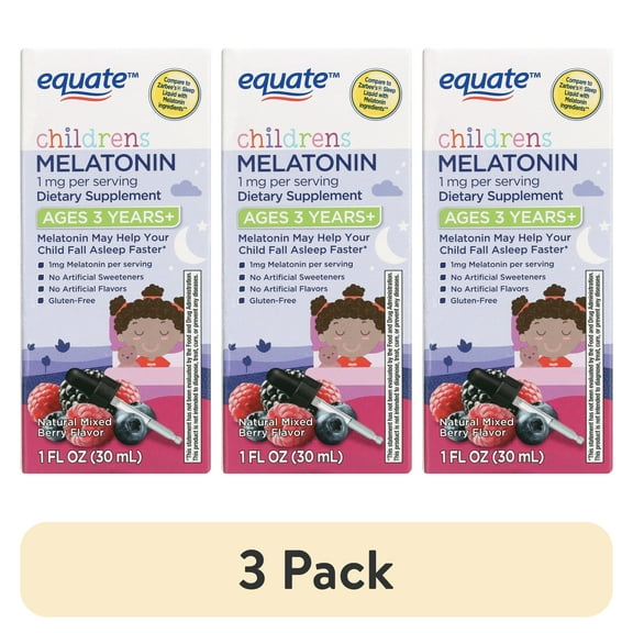 (3 pack) Equate Childrens Sleep Aid Melatonin Liquid Supplement, 1 mg, Mixed Berry Flavor, Ages 3 Years +, 1 fl oz, Compare to Zarbee's Sleep Liquid with Melatonin Ingredients