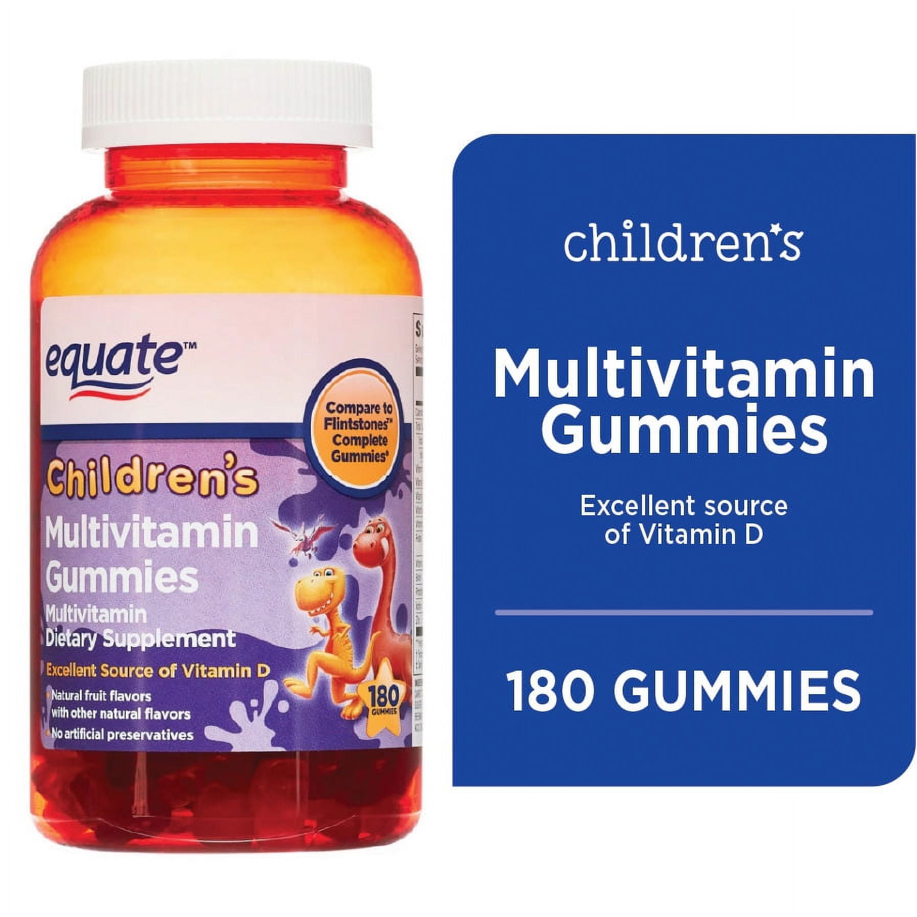 (3 pack) Equate Children's Multivitamin Dietary Supplement Gummies, Natural Fruit Flavor, 180 Count - Unisex, Compare to Flintstones Complete Gummies