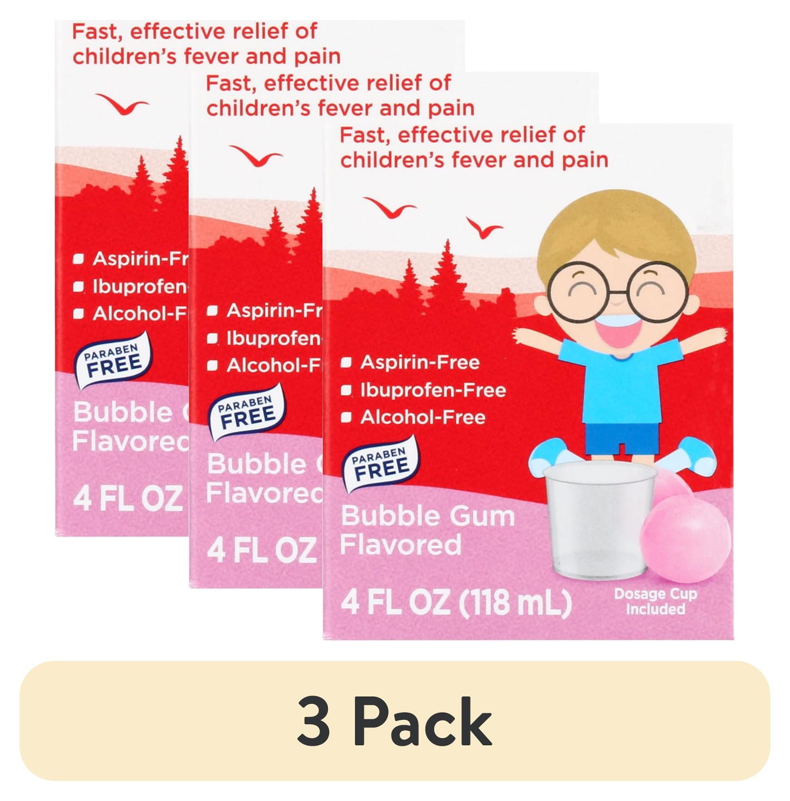 (3 pack) Equate Children's Pain & Fever Acetaminophen Oral Suspension, 160 mg, Bubble Gum Flavor, Ages 2 to 11 Years, 4 fl oz, Compare to Children's Tylenol Oral Suspension Active Ingredient