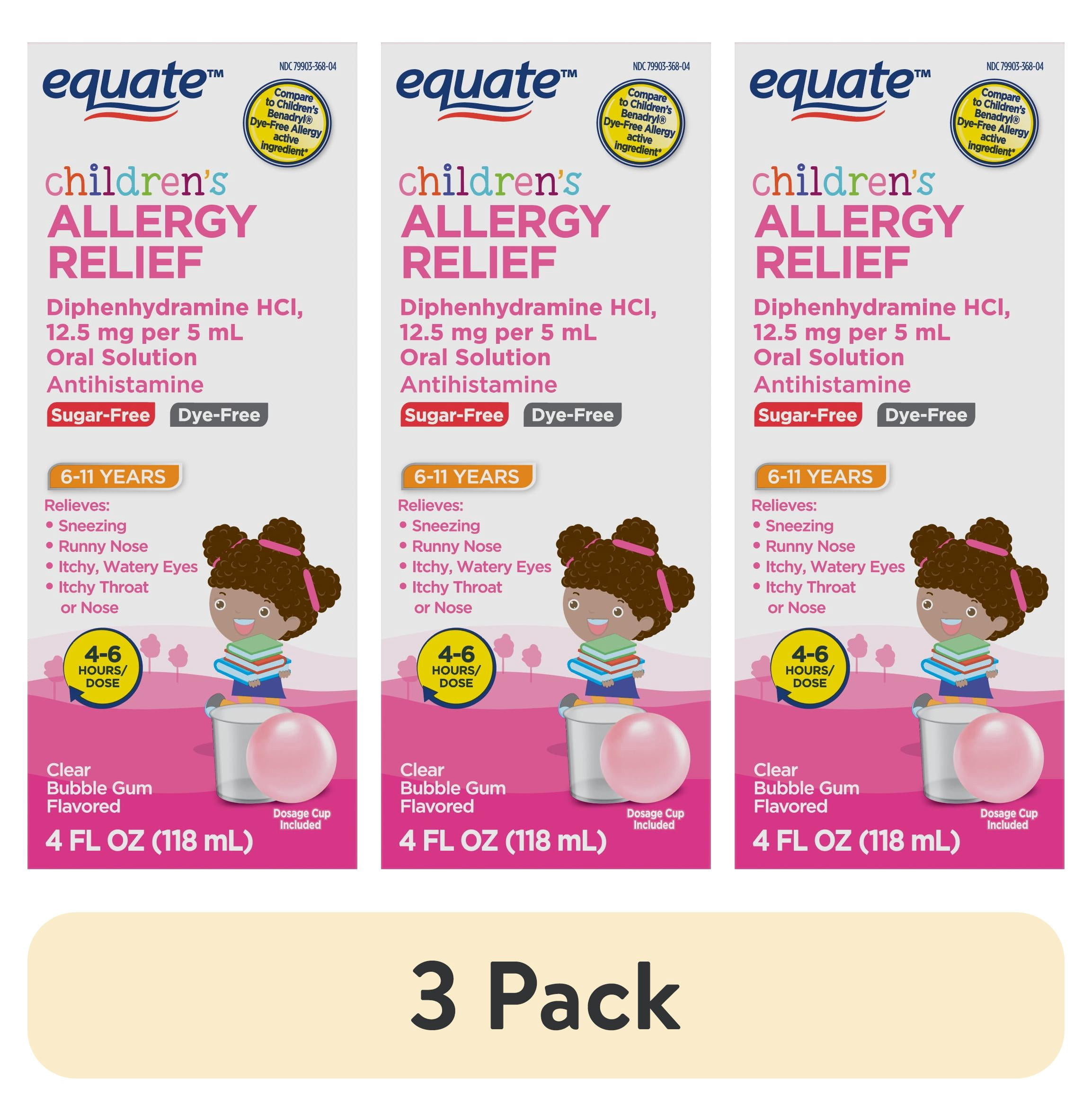 (3 pack) Equate Children's Allergy Relief Diphenhydramine HCl Antihistamine Oral Solution, Bubble Gum Flavor, 12.5 mg, 4 fl oz