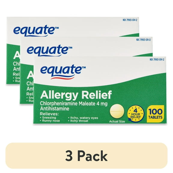 (3 pack) Equate Allergy Relief Chlorpheniramine Maleate 4 mg Antihistamine Tablets, 100 Count