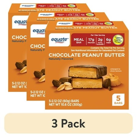 (3 pack) Equate Chocolate Peanut Butter Meal Bar, 5 Ct