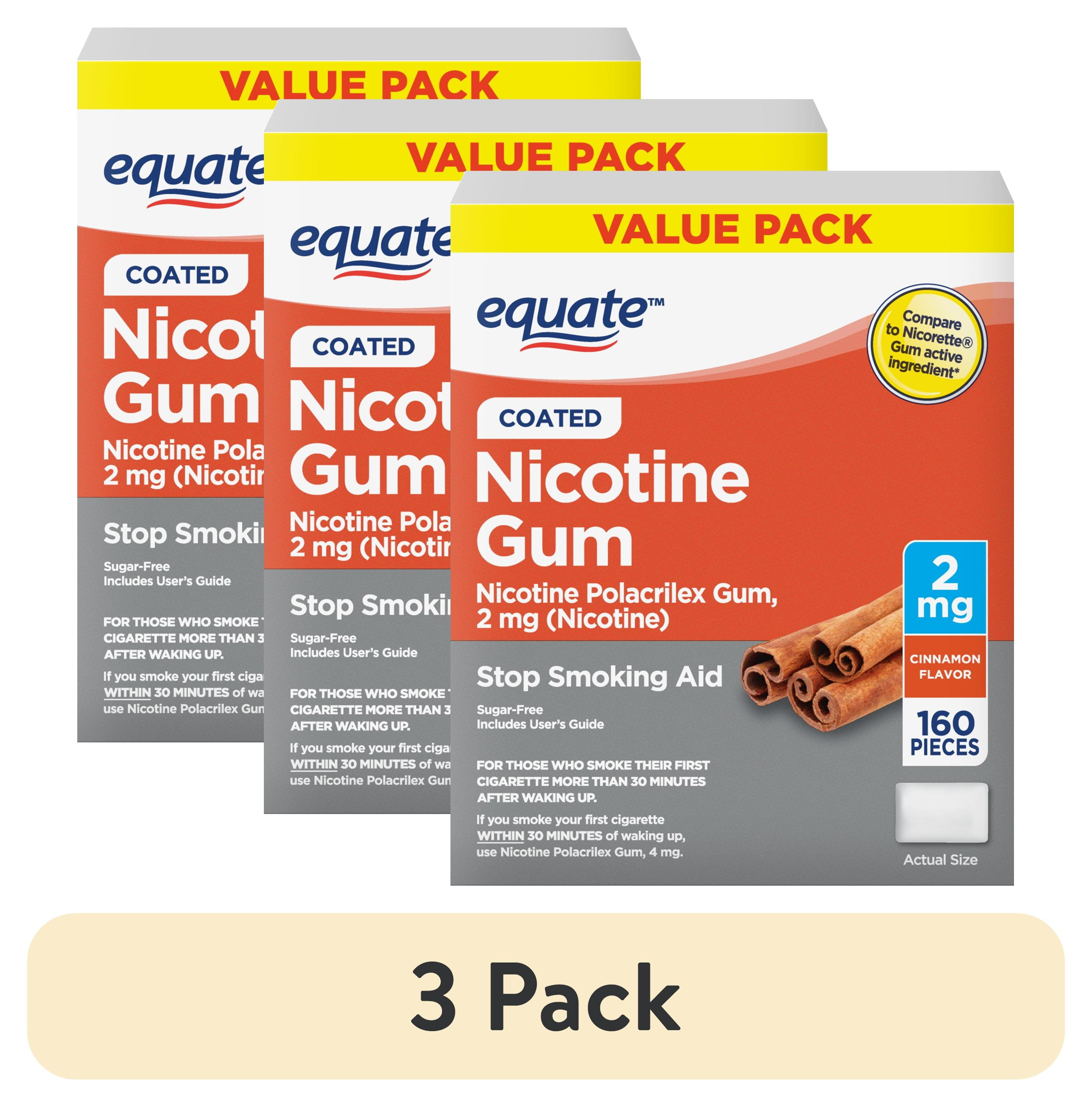 (3 pack) Equate Nicotine Gum 2 mg, Stop Smoking Aid, Cinnamon Flavor, Coated, 160 Count