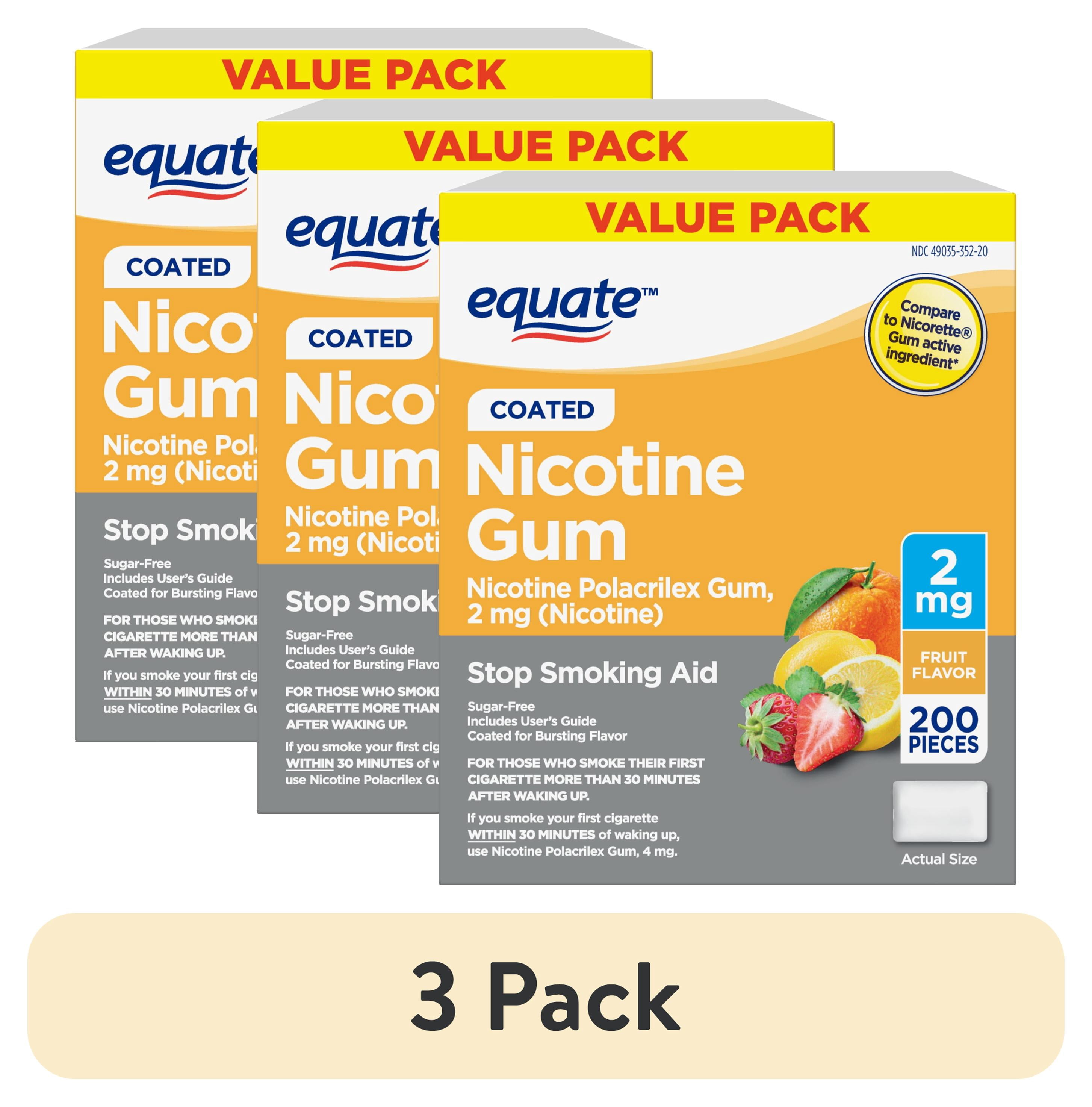 (3 pack) Equate Coated Nicotine Gum 2 mg, Fruit Flavor, 200 Count – Stop Smoking Aid