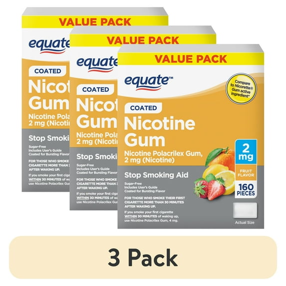 (3 pack) Equate Nicotine Gum 2 mg, Stop Smoking Aid, Fruit Flavor, 160 Count