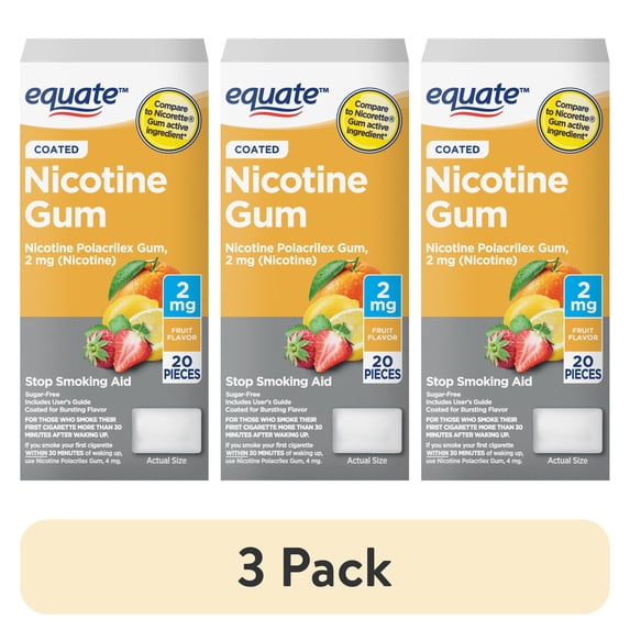(3 pack) Equate Coated Nicotine Gum 2 mg, Fruit Flavor, Stop Smoking Aid, 20 Count