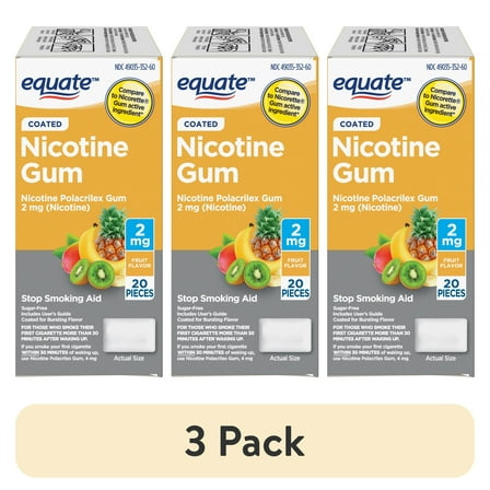 (3 pack) Equate Coated Nicotine Gum 2 mg, Fruit Flavor, Stop Smoking Aid, 20 Count