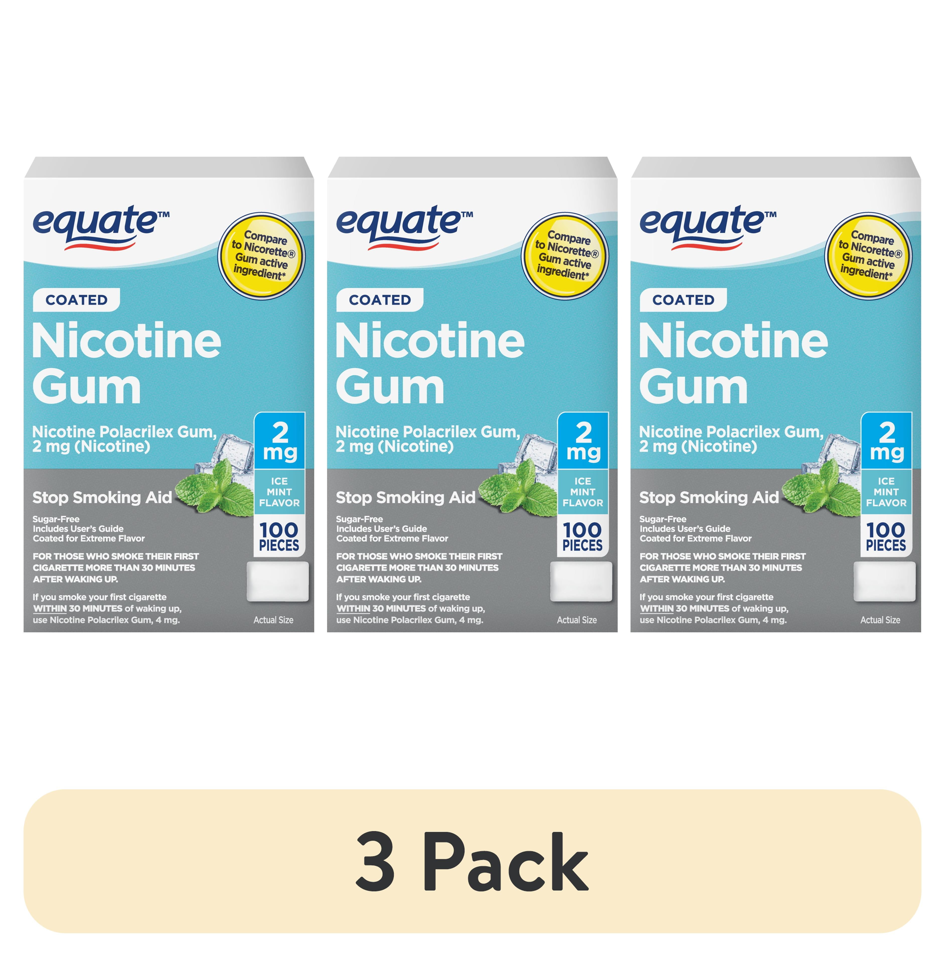 (3 pack) Equate Nicotine Gum 2 mg, Stop Smoking Aid, Ice Mint Flavor, Coated, 100 Count
