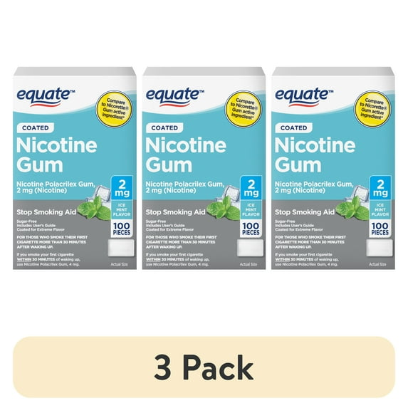 (3 pack) Equate Nicotine Gum 2 mg, Stop Smoking Aid, Ice Mint Flavor, Coated, 100 Count