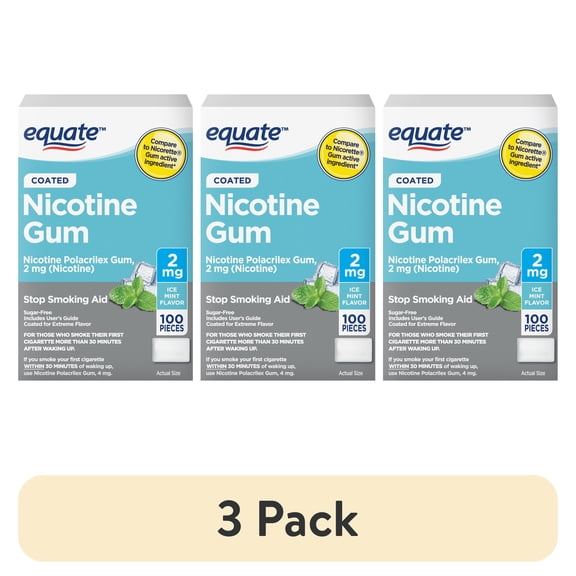 (3 pack) Equate Nicotine Gum 2 mg, Stop Smoking Aid, Ice Mint Flavor, Coated, 100 Count