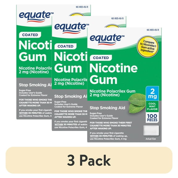 (3 pack) Equate Coated Nicotine Polacrilex Gum 2 mg, Mint Flavor, Stop Smoking Aid, 100 Count, Compare to Nicorette® Gum Active Ingredient