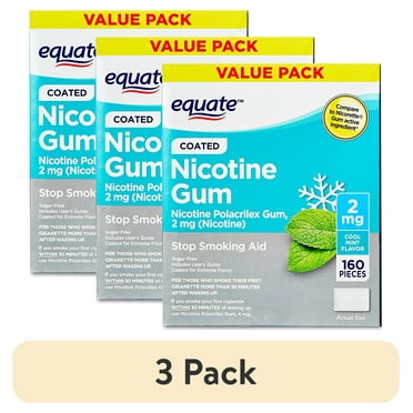 (3 pack) Equate Coated Nicotine Polacrilex Gum 2 mg, Mint Flavor, Stop Smoking Aid, 160 Count, Compare to Nicorette® Gum Active Ingredient