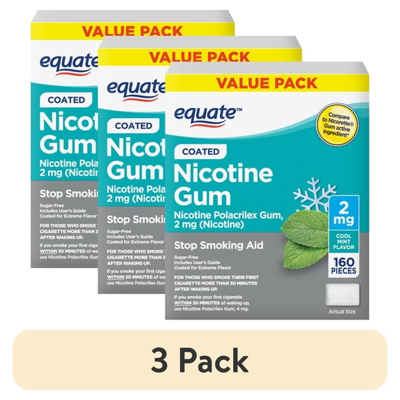 (3 pack) Equate Coated Nicotine Polacrilex Gum 2 mg, Stop Smoking Aid, Mint Flavor, 160 Count