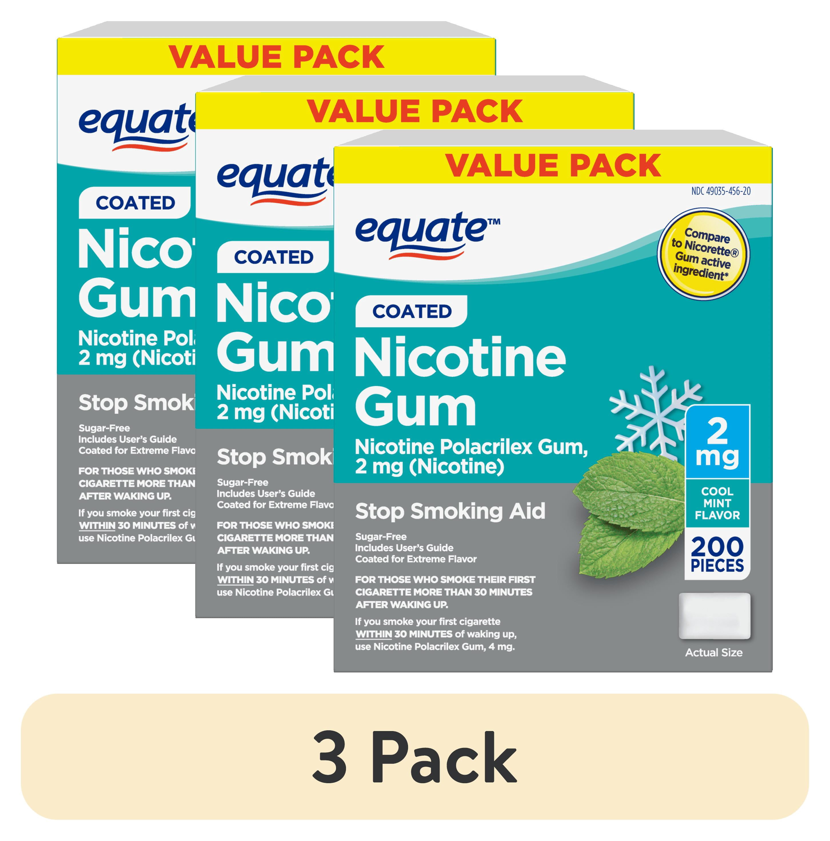(3 pack) Equate Coated Nicotine Polacrilex Gum, 2 mg (Nicotine), Stop Smoking Aid, Mint , 200 Count