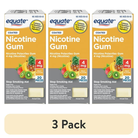 (3 pack) Equate Coated Nicotine Polacrilex Gum 4 mg (nicotine), Fruit Flavor, 20 Count