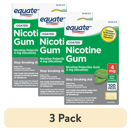 (3 pack) Equate Coated Nicotine Polacrilex Gum 4 mg, Mint Flavor, 100 Count, Compare to Nicorette® Gum Active Ingredient