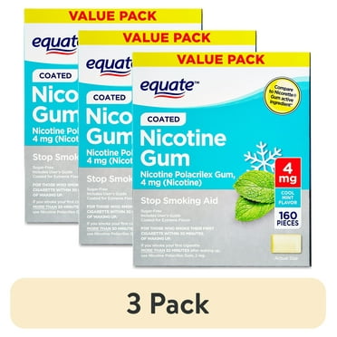 (3 pack) Equate Coated Nicotine Polacrilex Gum 4 mg, Mint Flavor, 160 Count, Compare to Nicorette® Gum Active Ingredient