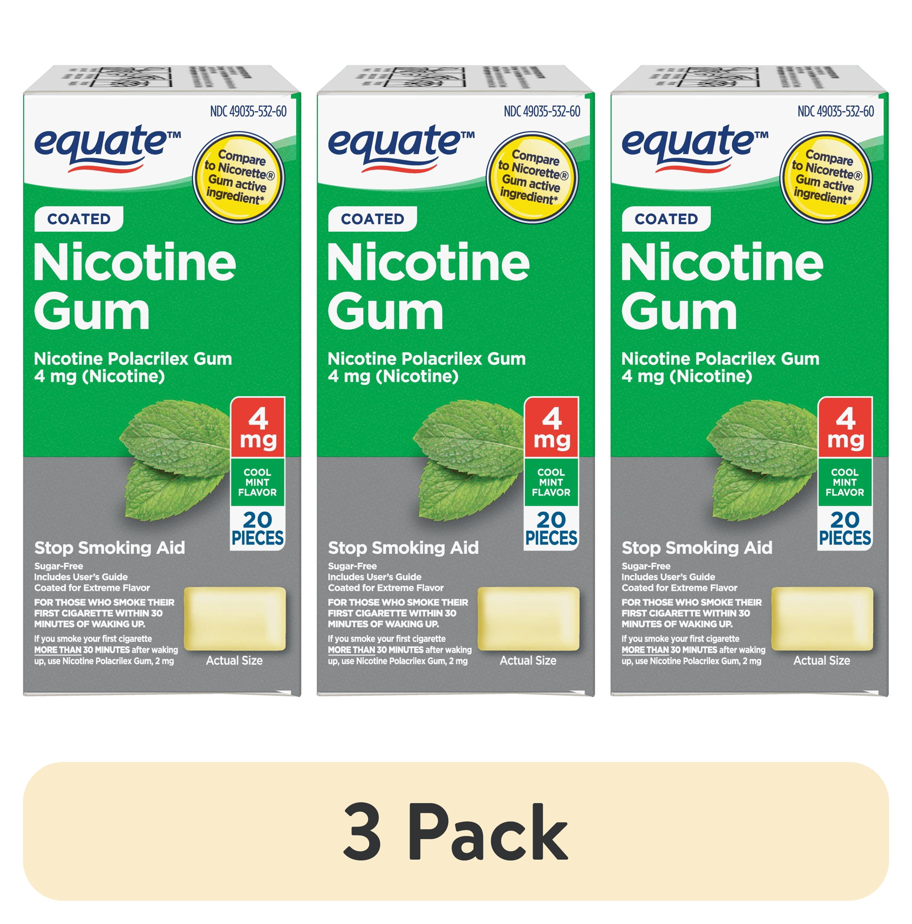 (3 pack) Equate Coated Nicotine Polacrilex Gum 4 mg, Mint Flavor, 20 Count, Compare to Nicorette® Gum Active Ingredient