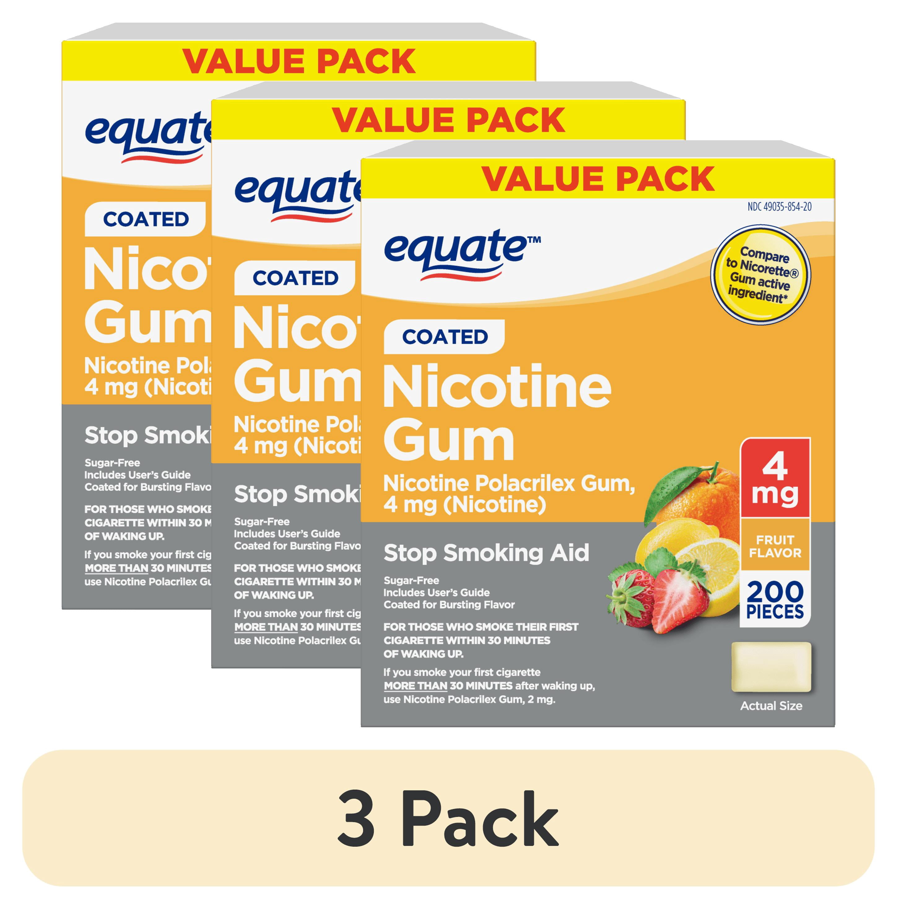 (3 pack) Equate Coated Nicotine Polacrilex Gum 4 mg (Nicotine), Fruit Flavor, 200 Count