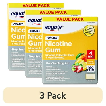 (3 pack) Equate Coated Polacrilex Nicotine Gum, 4 mg, Fruit Flavor, Stop Smoking Aid, 160 Count, Compare to Nicorette® Gum Active Ingredient