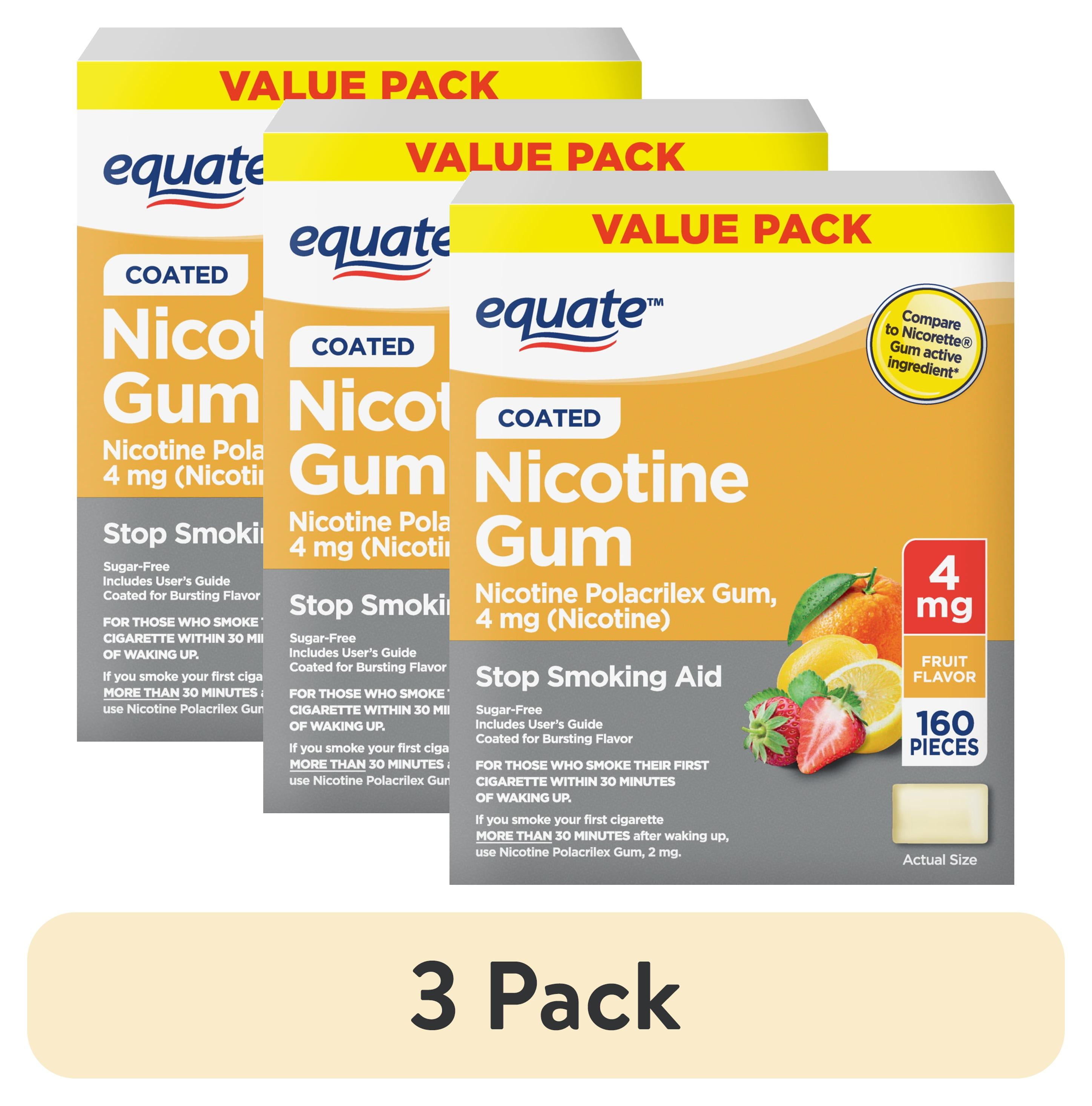 (3 pack) Equate Nicotine Gum 4 mg, Stop Smoking Aid, Fruit Flavor, 160 Count