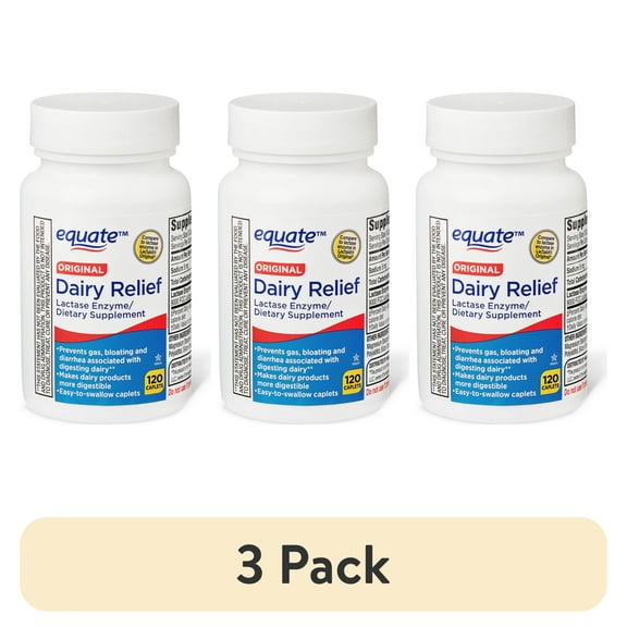 (3 pack) Equate Dairy Relief Lactase Enzyme Caplets, Original, 120 Count, Compare to Lactase Enzyme in Lactaid Fast Act