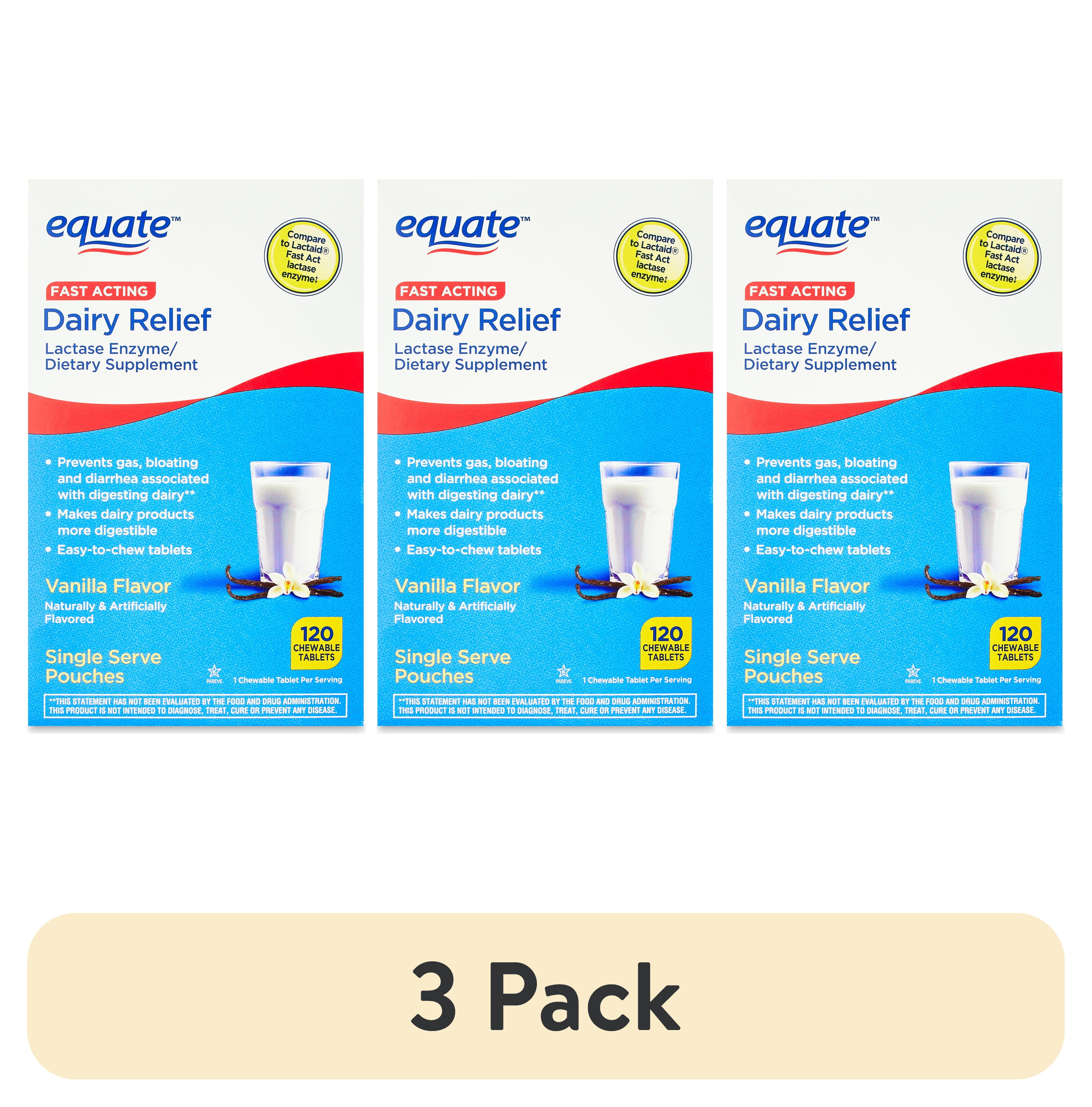 (3 pack) Equate Dairy Relief Lactase Enzyme Vanilla Flavor Chewable Tablet, 120 Count, Compare to Lactaid Fast Act Lactase Enzyme