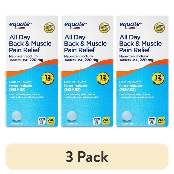 (3 pack) Equate All Day Back & Muscle Pain Relief Naproxen Sodium Tablets, 220mg, 200 Count, Compare to Aleve® Back and Muscle Pain Tablets Active Ingredient